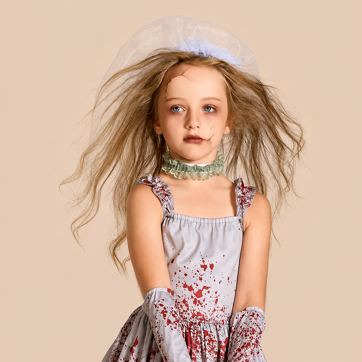 Girl’s grey ghost dress with blood-splatter motifs, bodice details