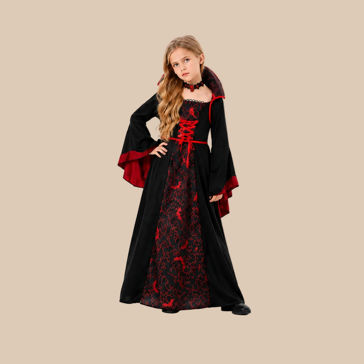 Girl’s long vampire dress with contrasting front panel, front view