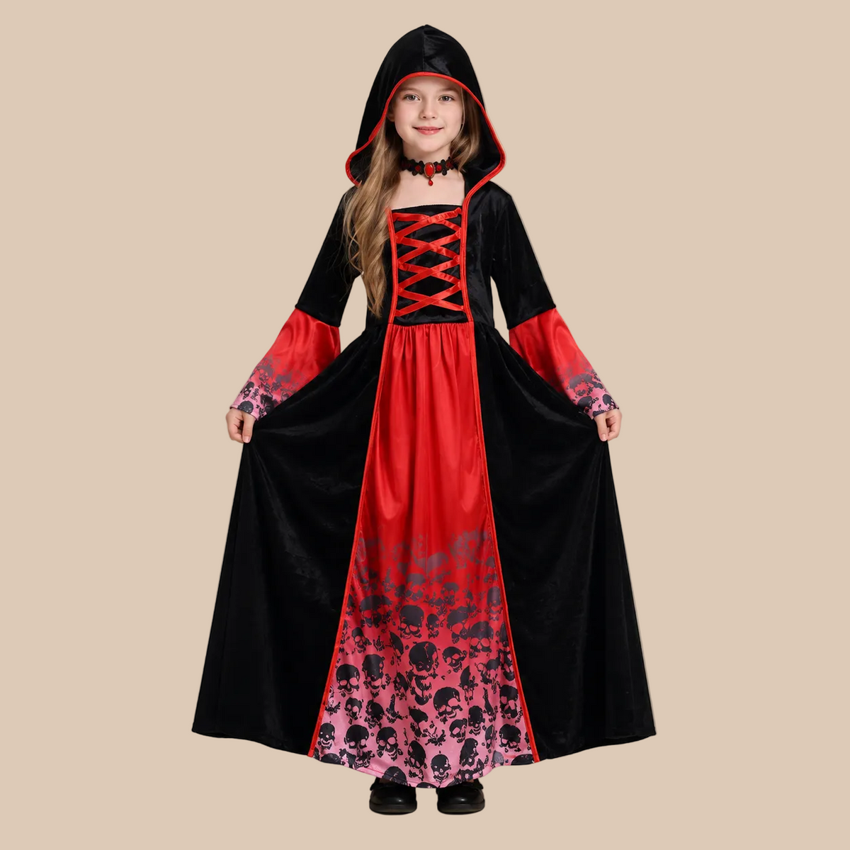 Girl’s hooded vampire dress with printed hem, front view