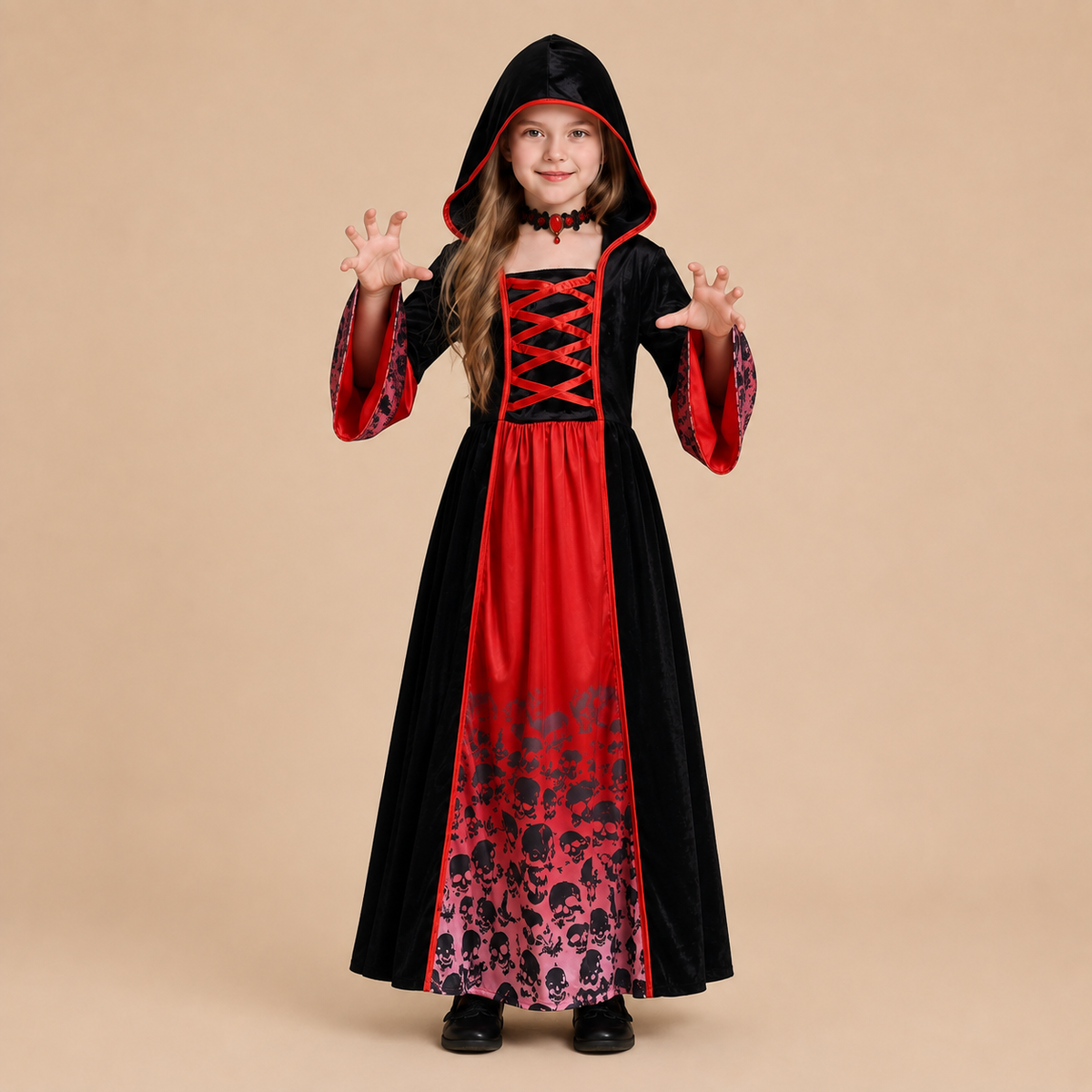 Girl’s hooded vampire dress with printed hem, additional front pose