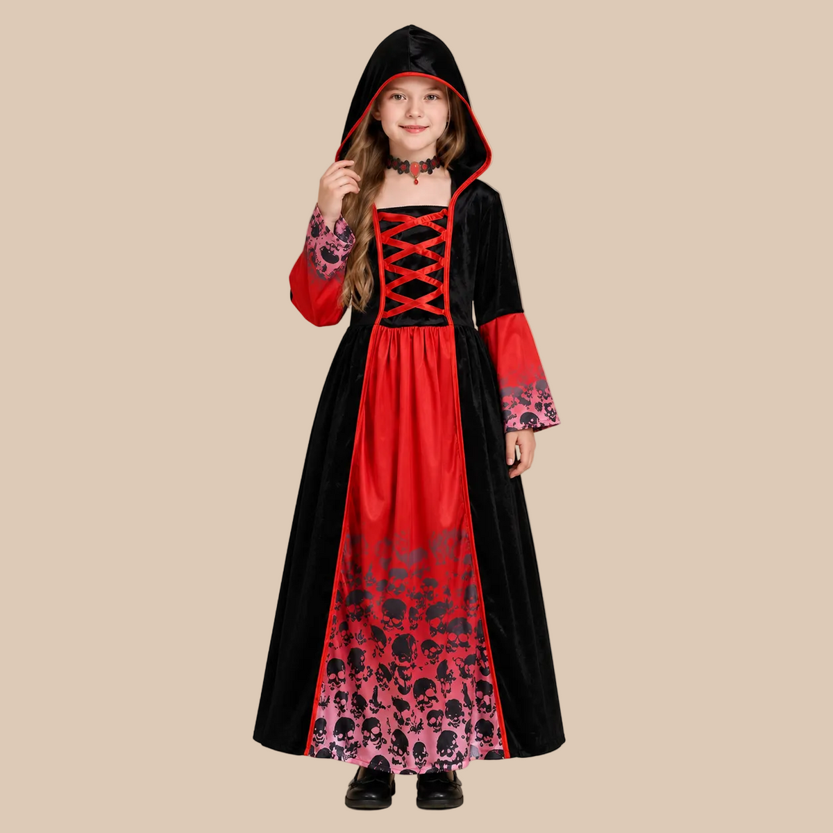 Girl’s hooded vampire dress with printed hem, alternate front view