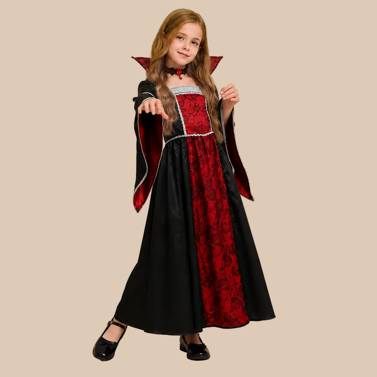 Girl’s long vampire dress with contrasting red front panel, front view