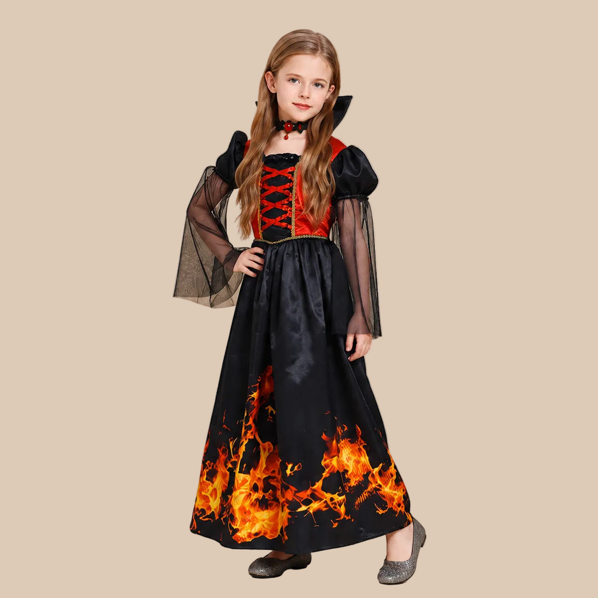 Girl’s vampire dress with flame-pattern hem, front view