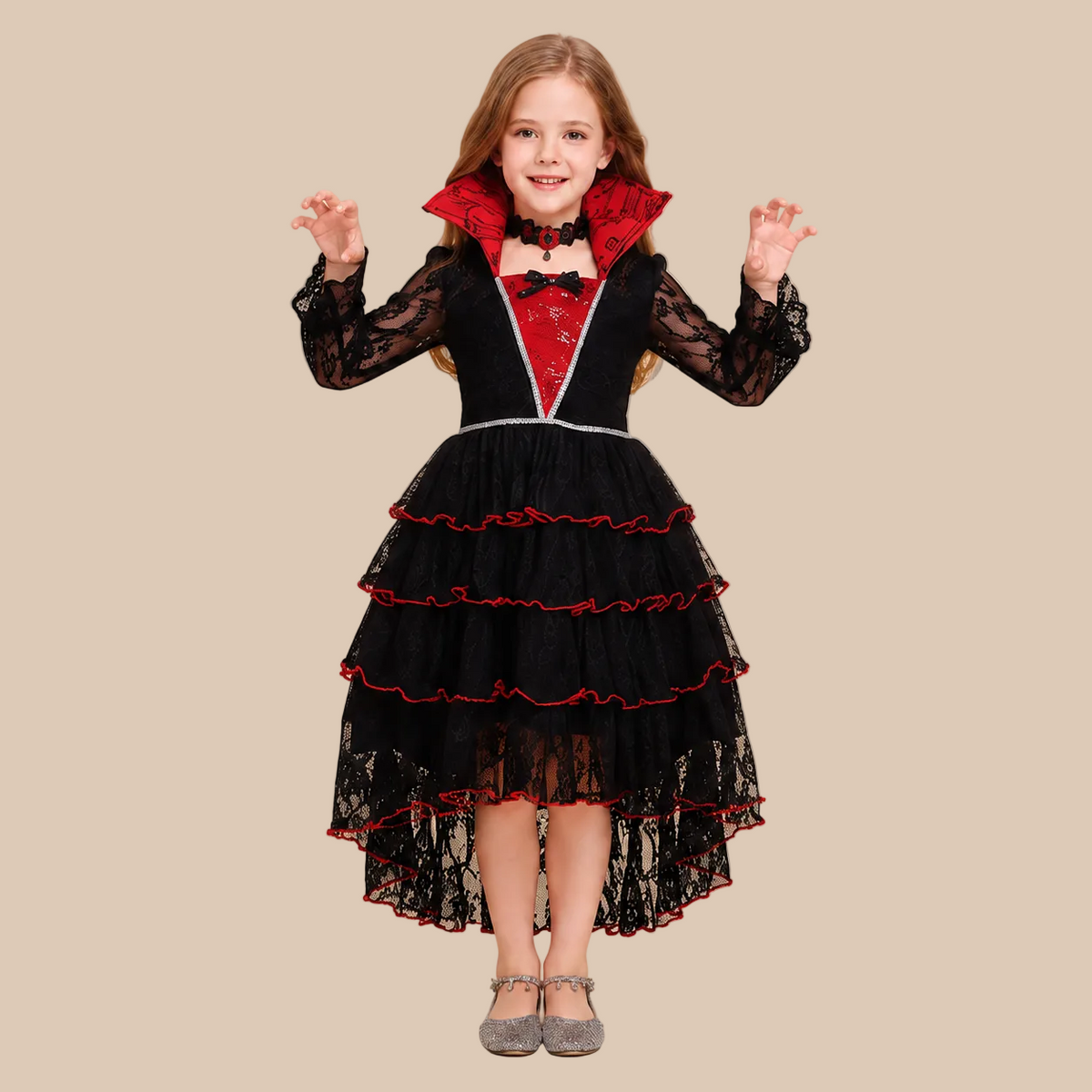 Girl’s tiered gothic dress with lace sleeves, alternate front view