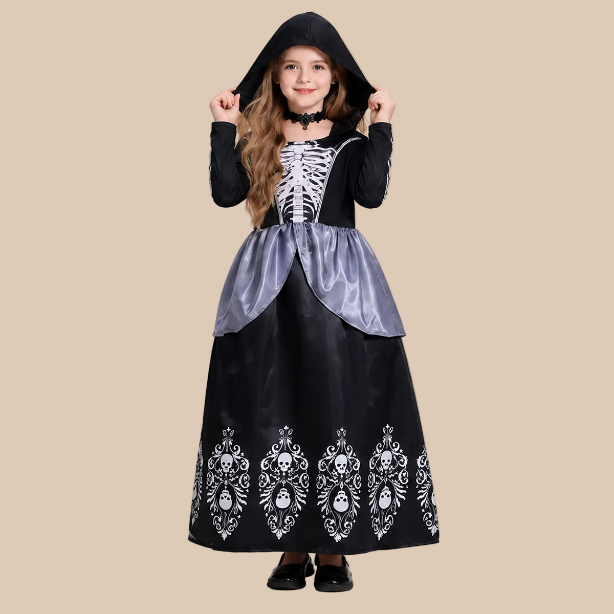 Girl’s hooded skeleton dress with patterned skirt, alternate front view