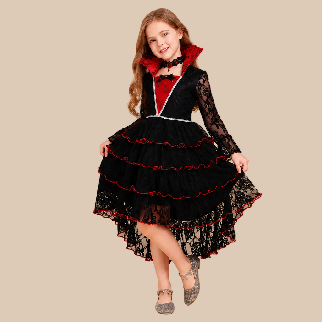 Girl’s tiered gothic dress with lace sleeves, front view