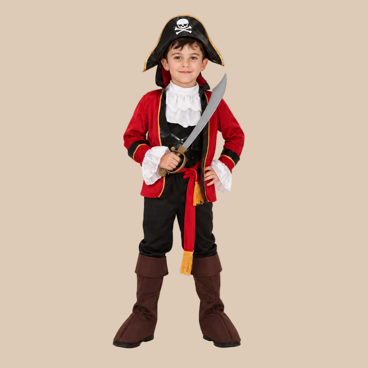 Child’s pirate captain outfit with a red coat, front view