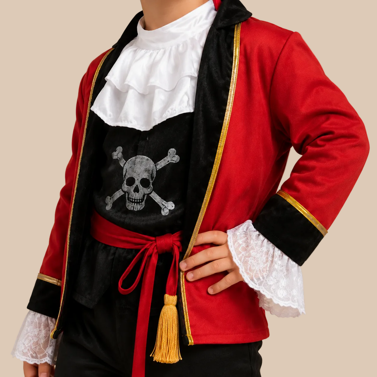 Child’s pirate captain outfit with a red coat, bodice details