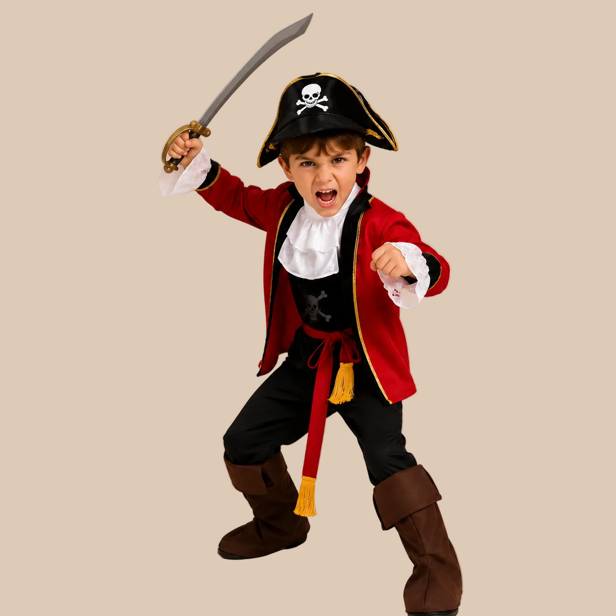 Child’s pirate captain outfit with a red coat, alternate front view