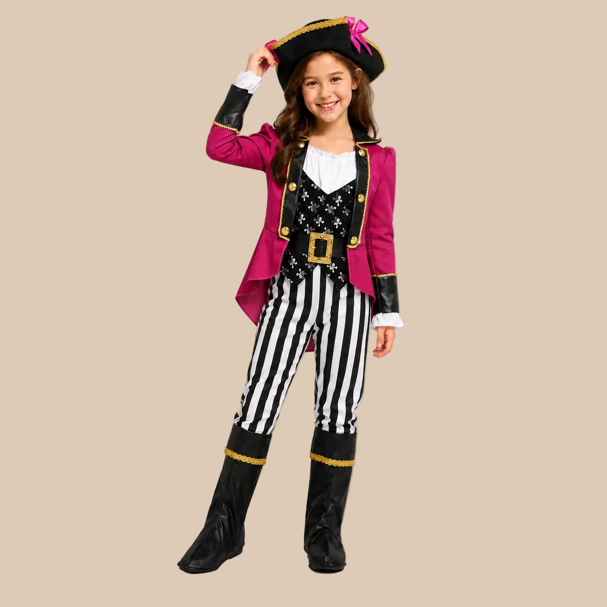 Girl’s pirate outfit with a pink coat and striped trousers, front view