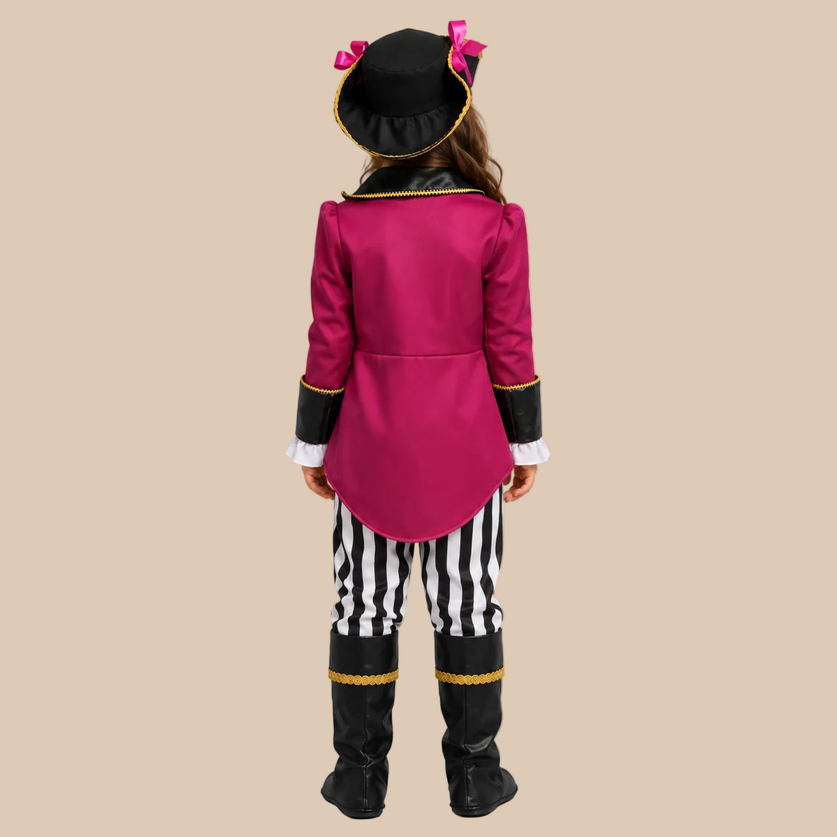 Girl’s pirate outfit with a pink coat and striped trousers, back view