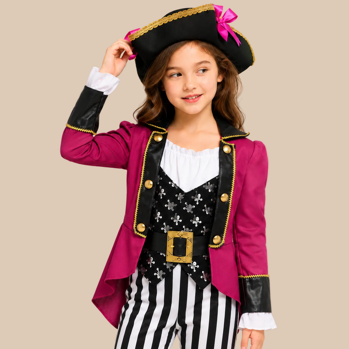 Girl’s pirate outfit with a pink coat and striped trousers, bodice details