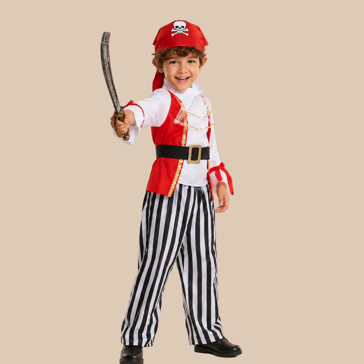 Child’s red pirate outfit with black-and-white striped trousers, alternate front view
