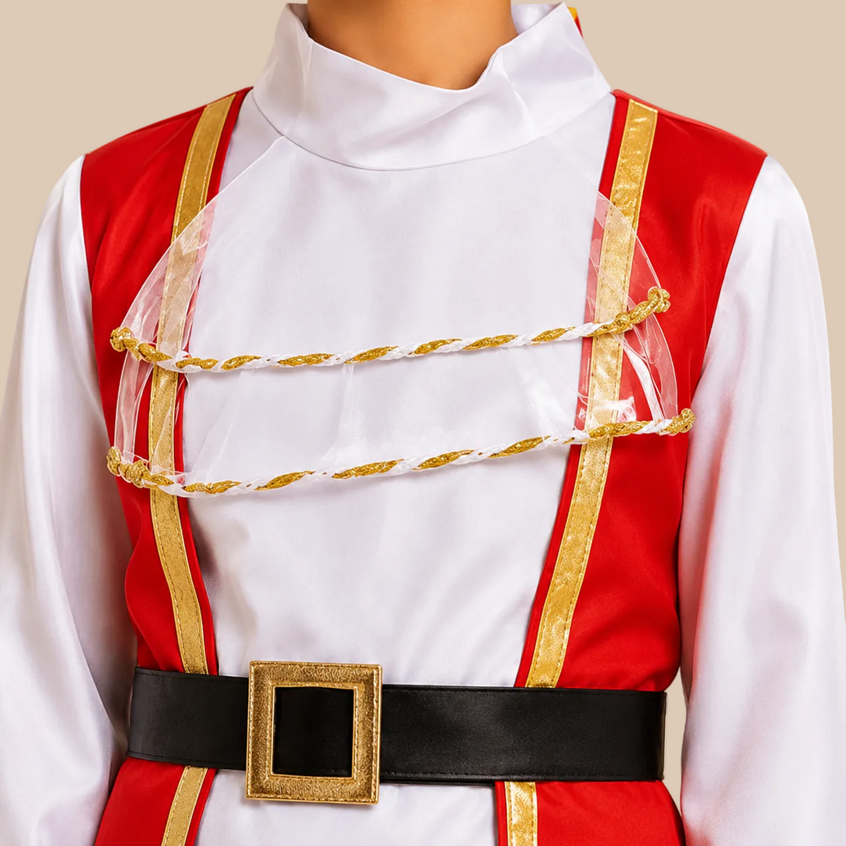 Child’s red pirate outfit with black-and-white striped trousers, bodice details