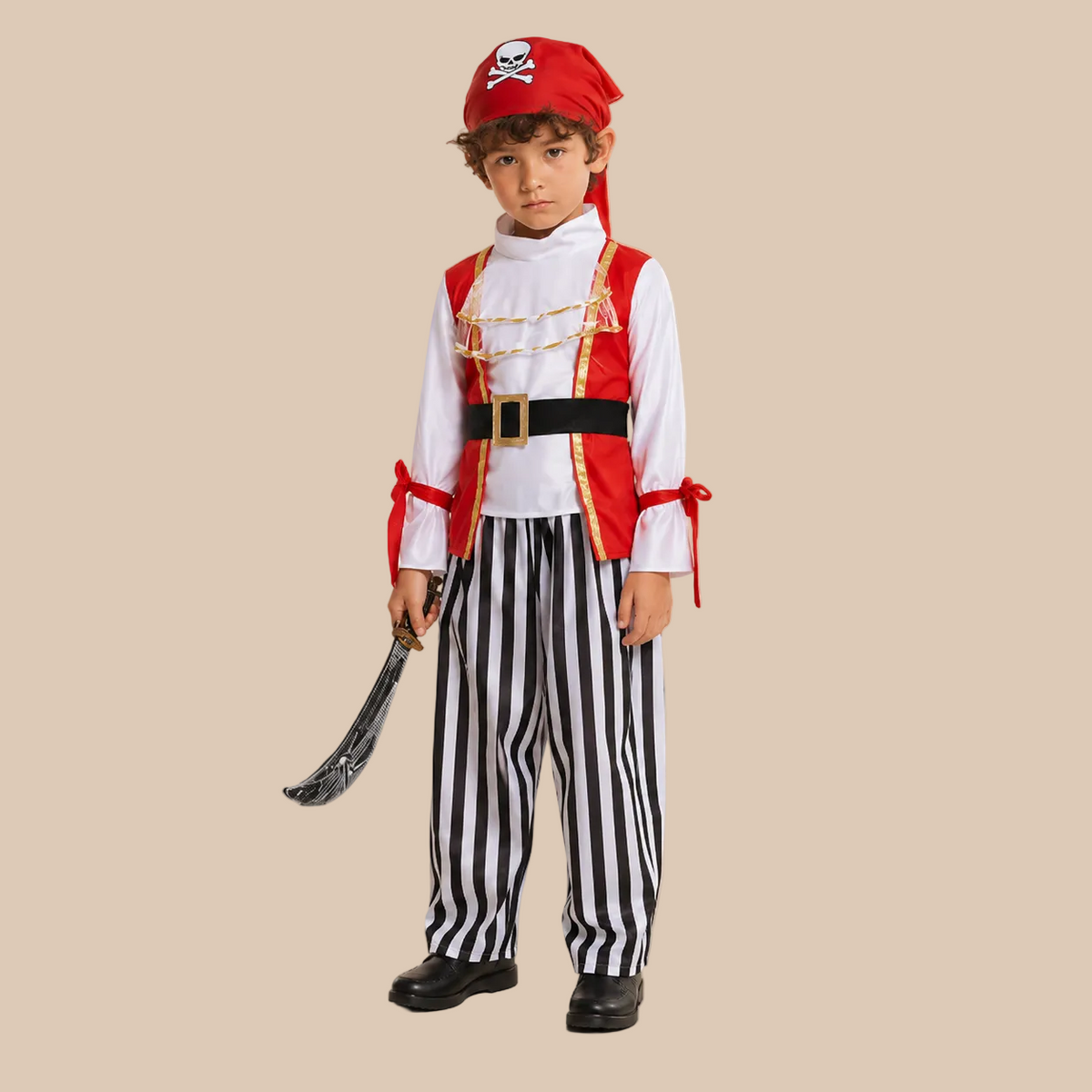 Child’s red pirate outfit with black-and-white striped trousers, front view