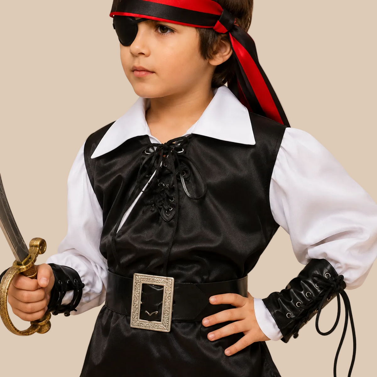 Child’s pirate outfit with black vest and red striped trousers, bodice details