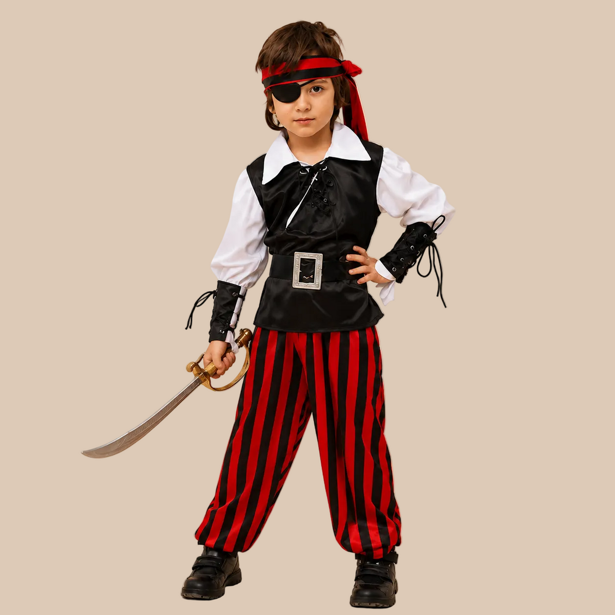 Child’s pirate outfit with black vest and red striped trousers, front view