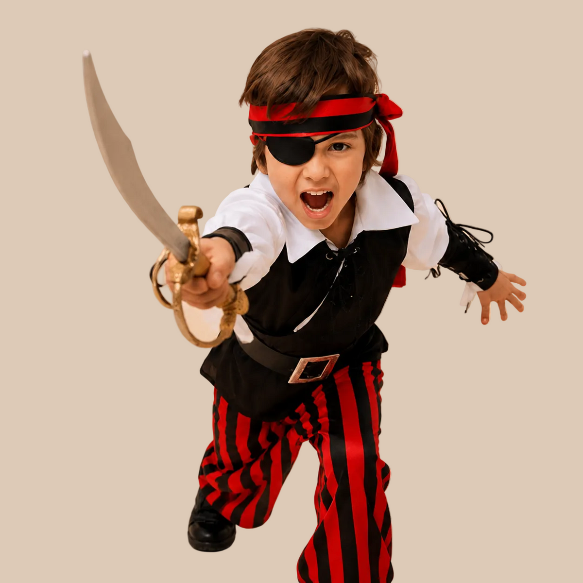 Child’s pirate outfit with black vest and red striped trousers, alternate front view
