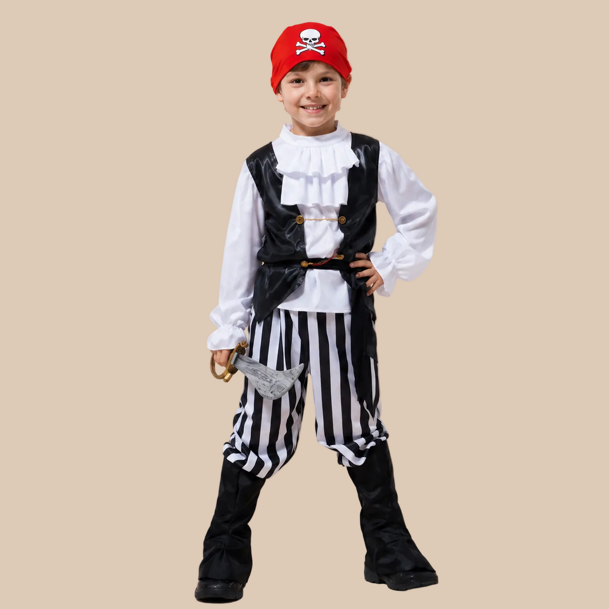 Child’s black and white pirate outfit with striped trousers, front view