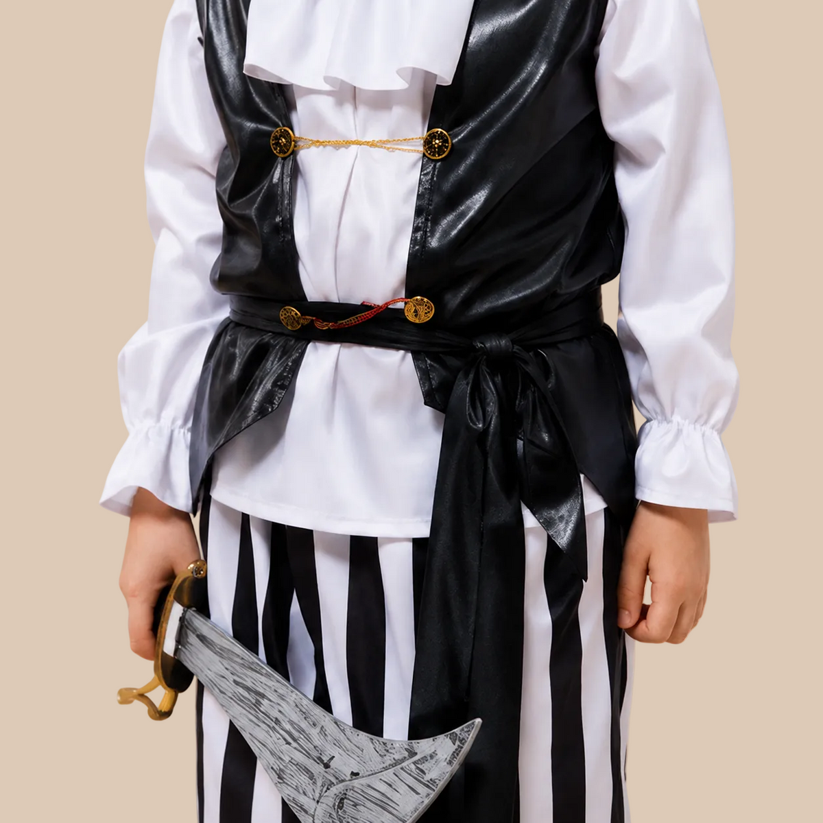 Child’s black and white pirate outfit with striped trousers, waist details