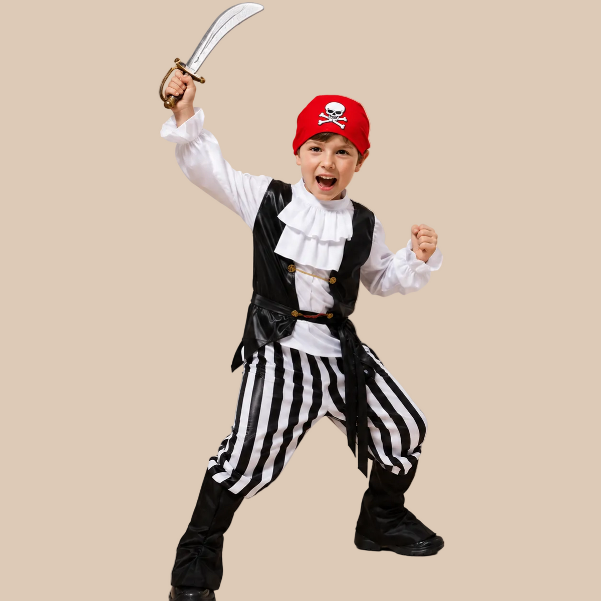 Child’s black and white pirate outfit with striped trousers, alternate front view