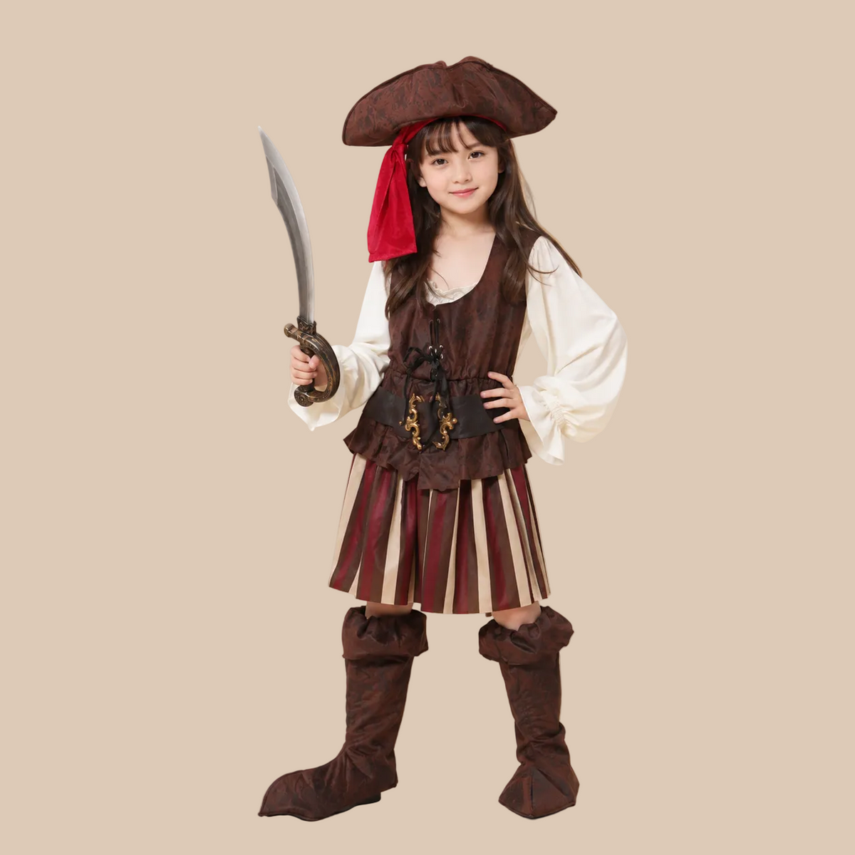 Girl’s brown pirate outfit with a striped skirt, front view