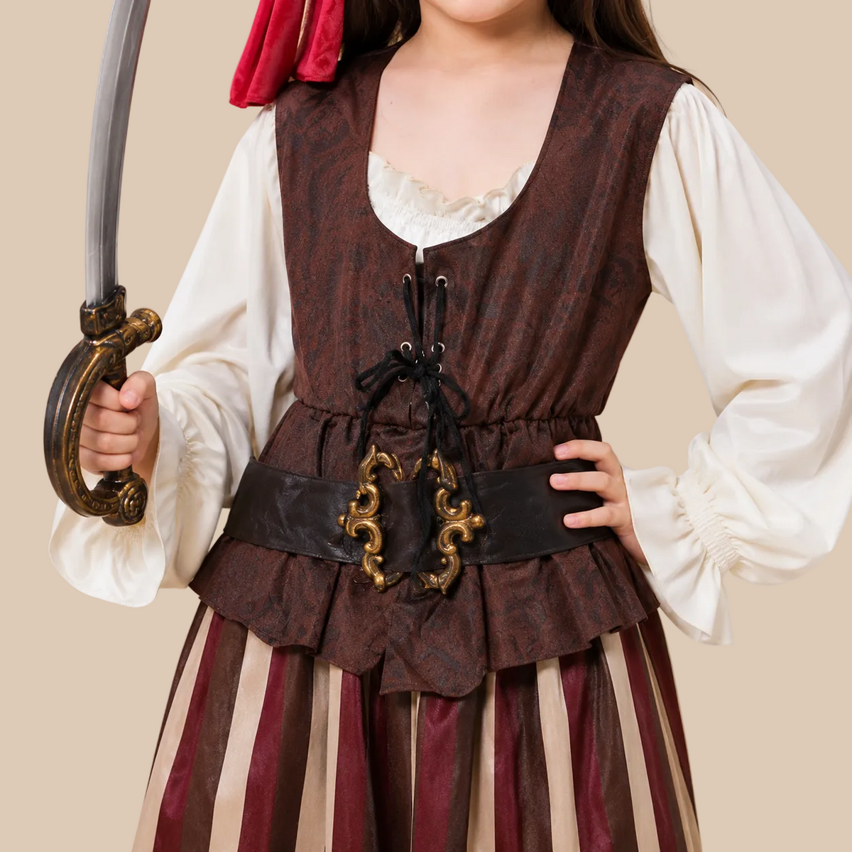 Girl’s brown pirate outfit with a striped skirt, waist details