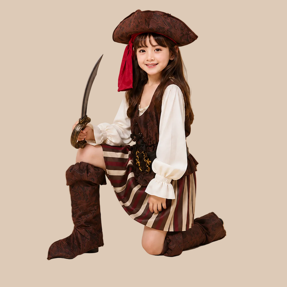 Girl’s brown pirate outfit with a striped skirt, shown in a seated pose