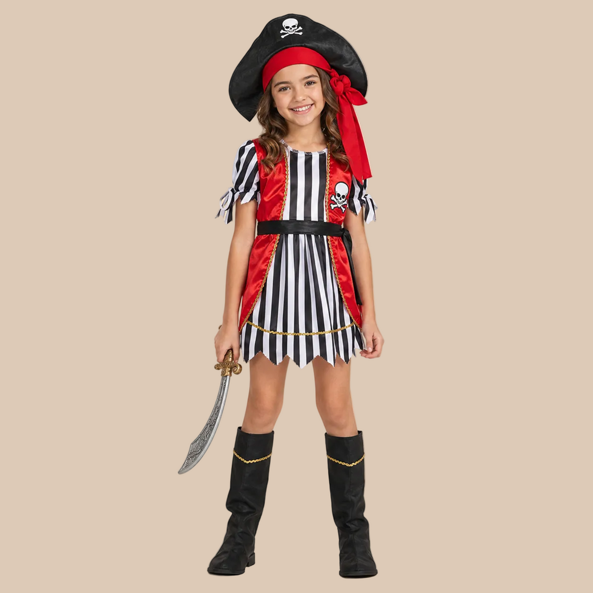 Girl’s striped pirate dress with a red waistcoat, front view