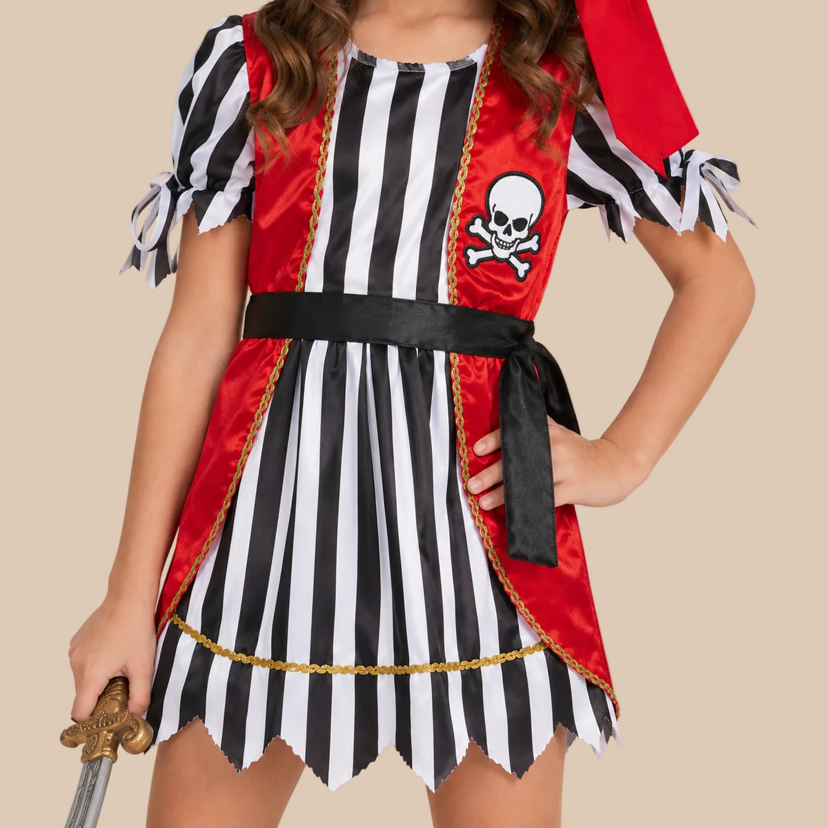 Girl’s striped pirate dress with a red waistcoat, bodice details