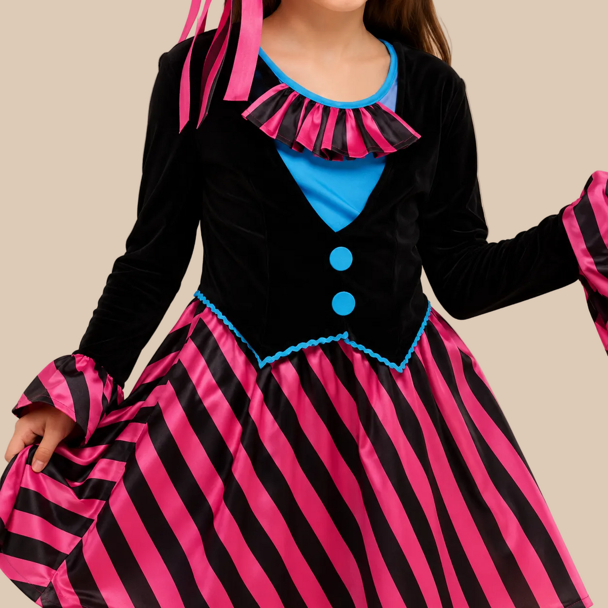 Girl’s pirate dress with a pink striped skirt, bodice details