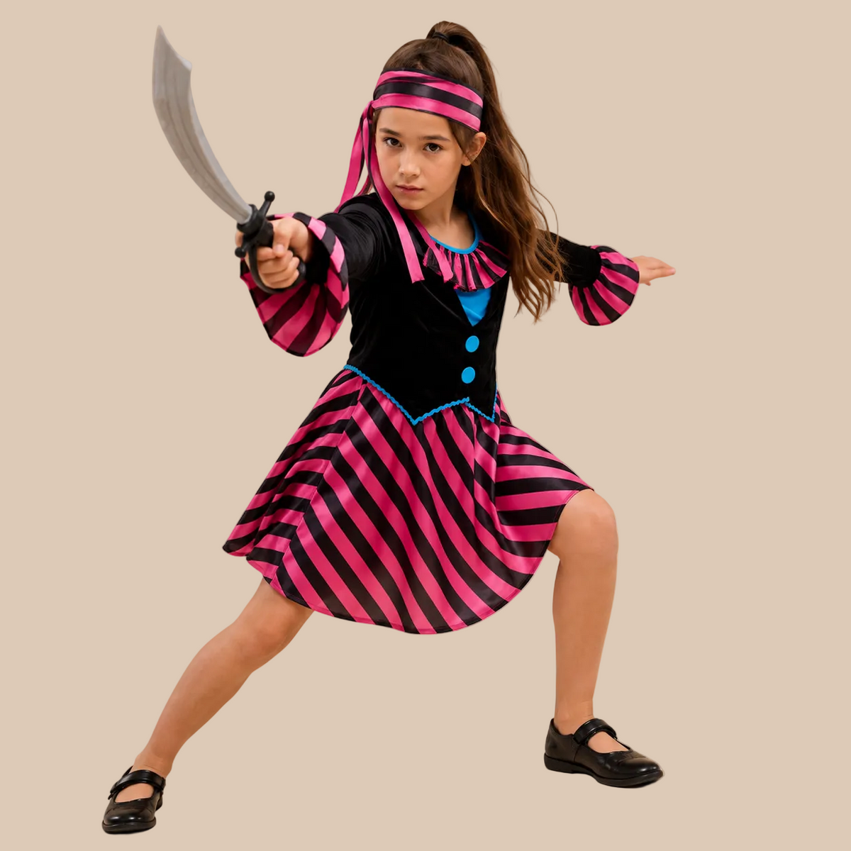 Girl’s pirate dress with a pink striped skirt, alternate front view