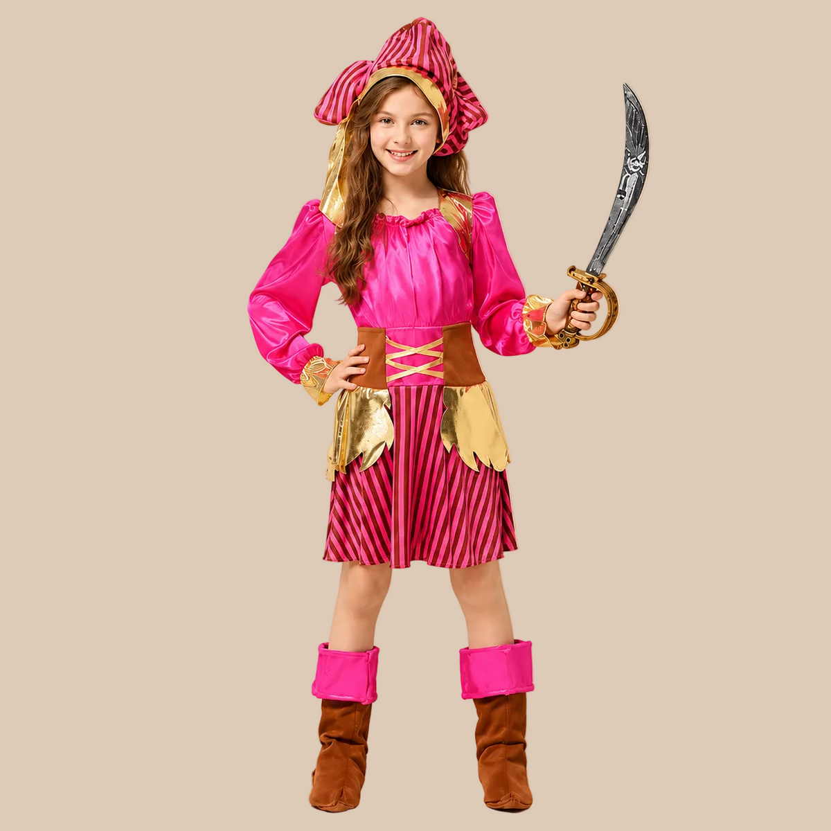 Girl’s pink pirate costume with gold-tone details, front view