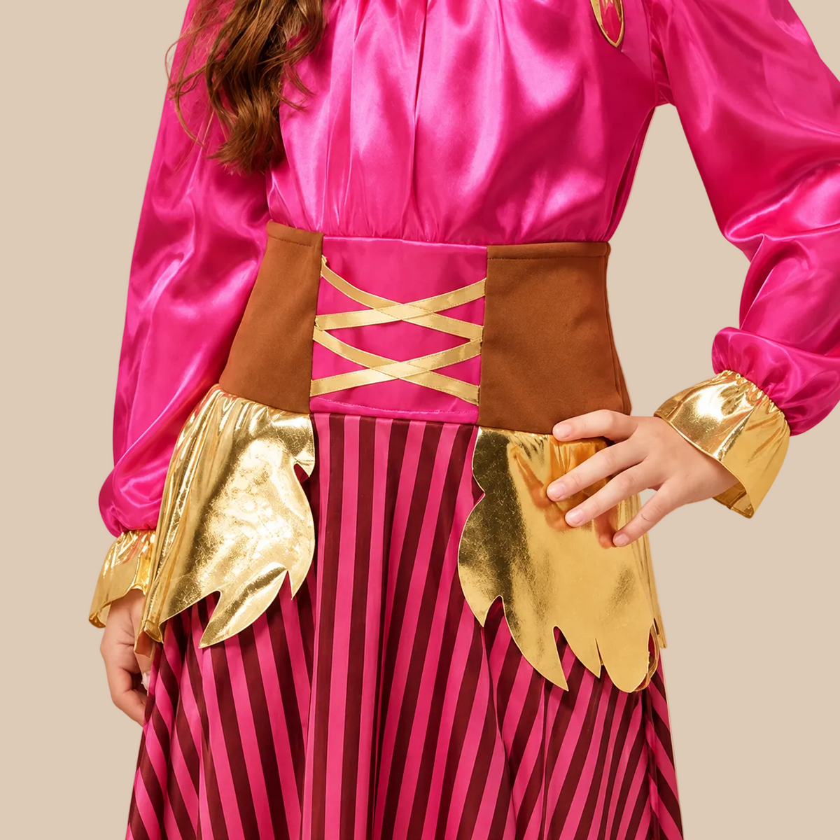 Girl’s pink pirate costume with gold-tone details, waist details