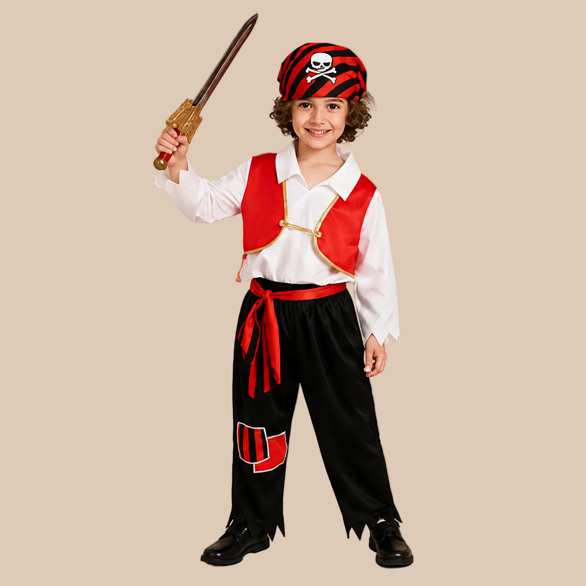 Child’s pirate outfit with red waistcoat and striped trousers, front view