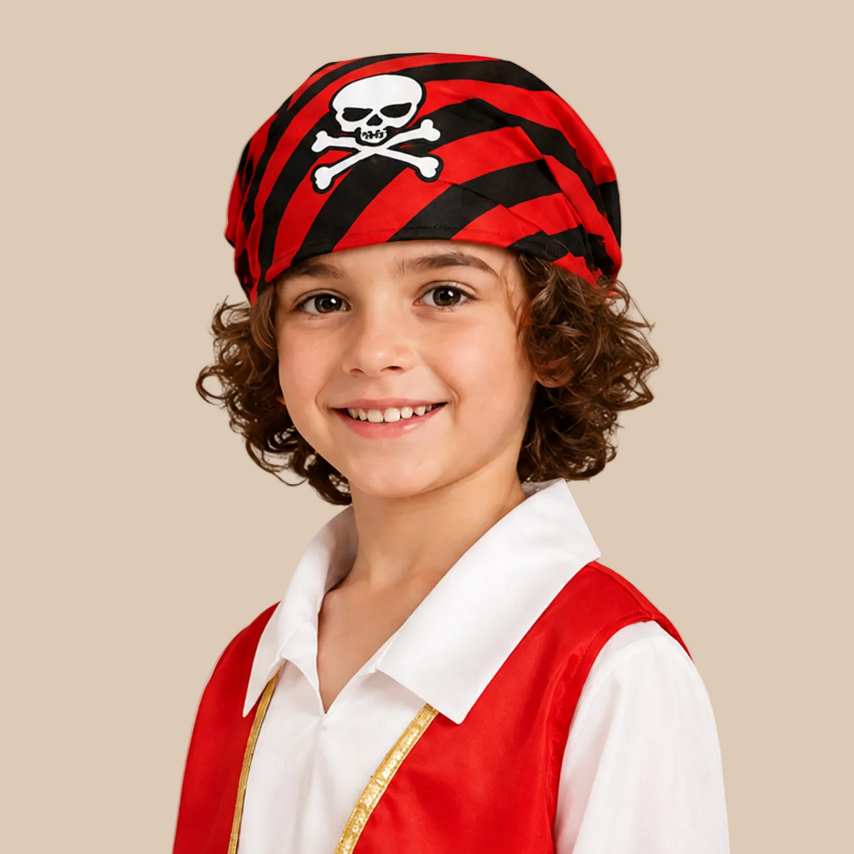 Child’s pirate outfit with red waistcoat and striped trousers, close-up view