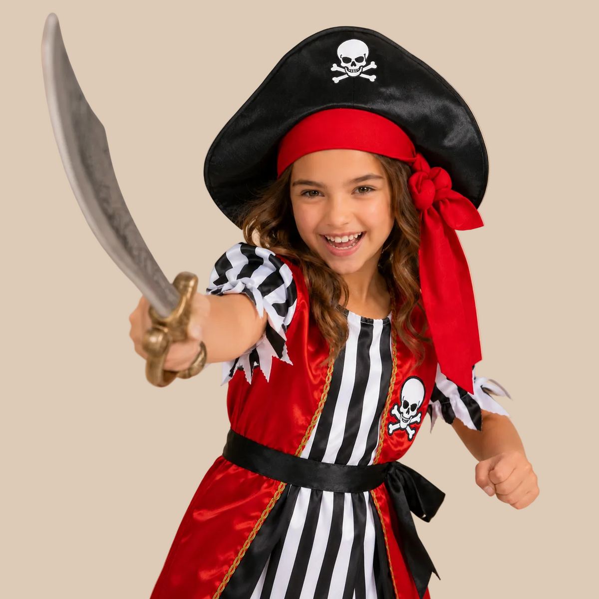 Girl’s striped pirate dress with a red waistcoat, alternate front view
