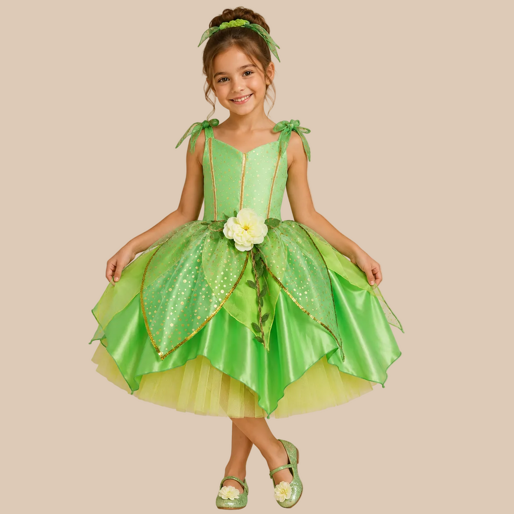 Girl’s green fairy dress with leaf-shaped skirt layers, front view