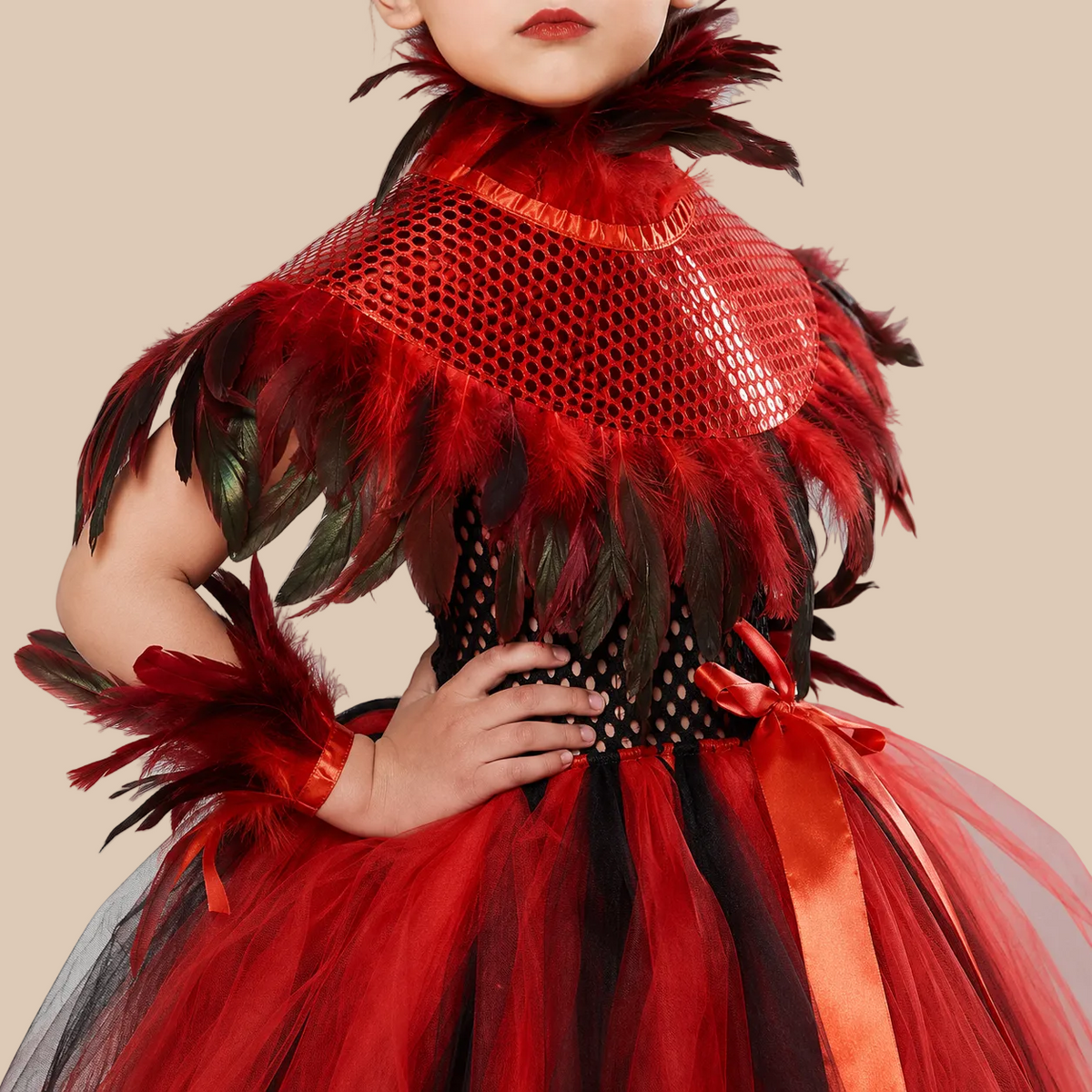 Girl’s red tulle dress with black and spiderweb details, bodice details