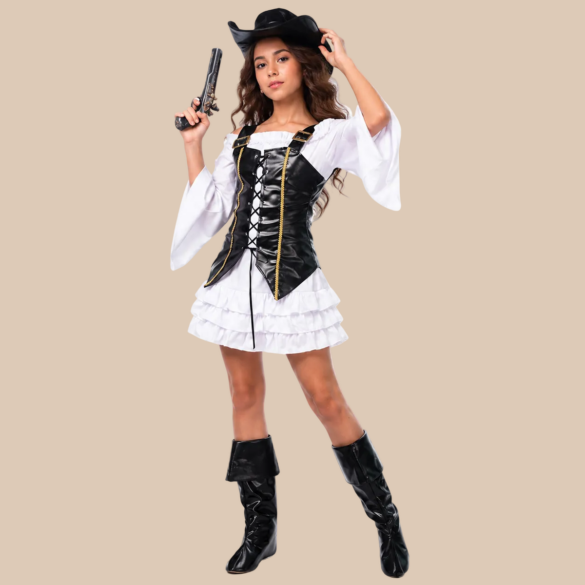 Girl’s white pirate dress with a laced black bodice, front view
