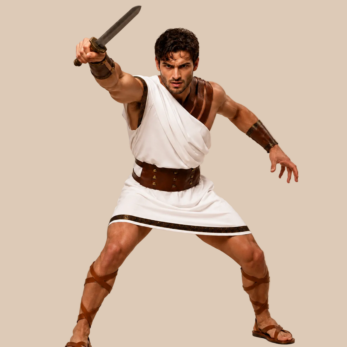 Men’s white warrior tunic with contrasting belt, alternate front view
