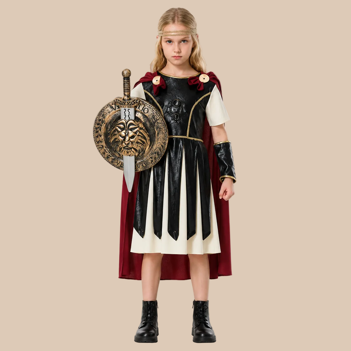 Girl’s Roman warrior costume with decorative armour, front view
