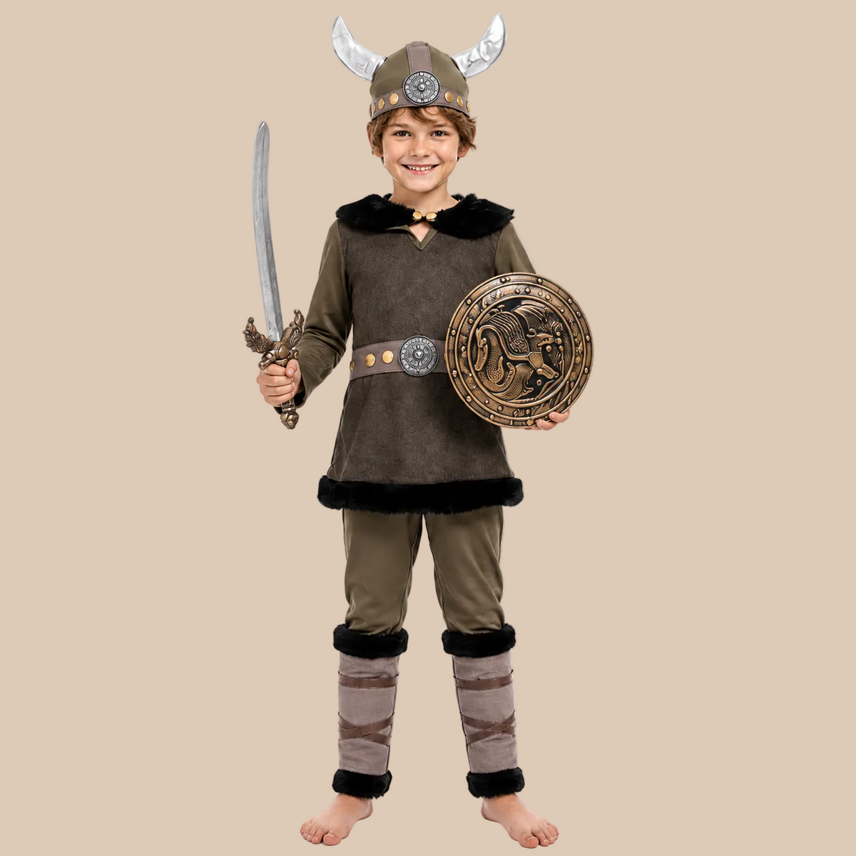 Child’s Viking-style costume with belted tunic, front view