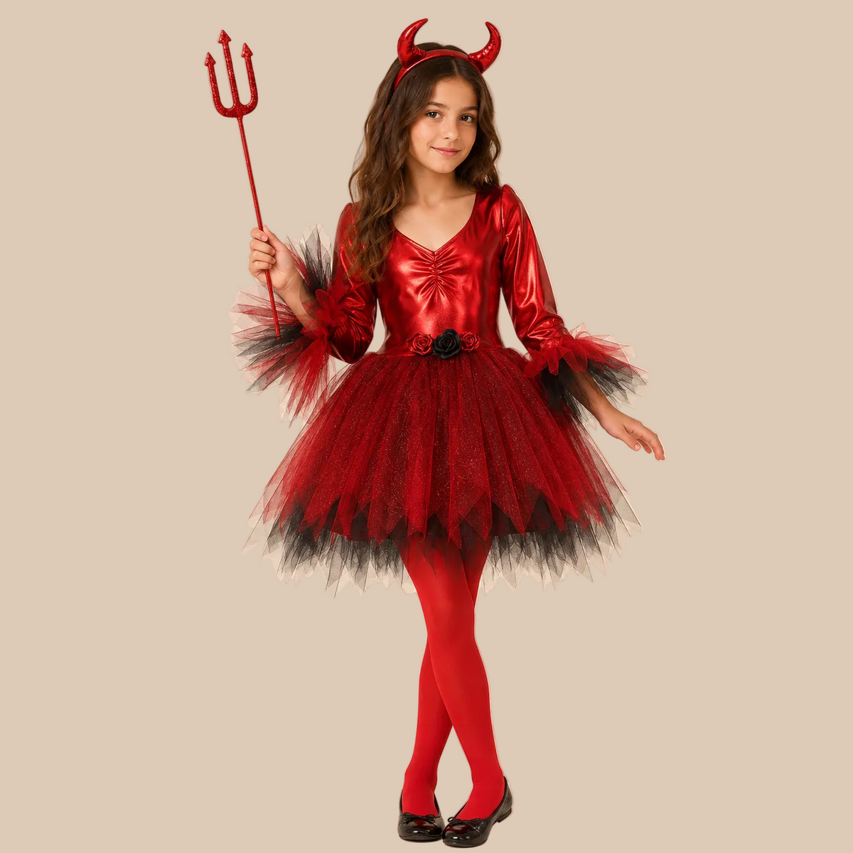 Girl’s red devil-style dress with full tulle skirt, front view
