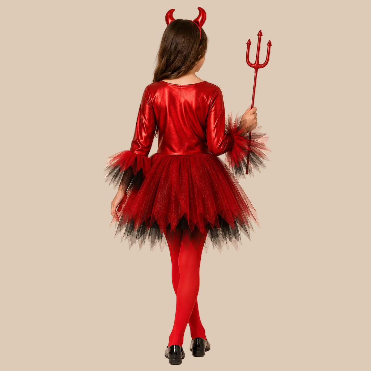 Girl’s red devil-style dress with full tulle skirt, back view