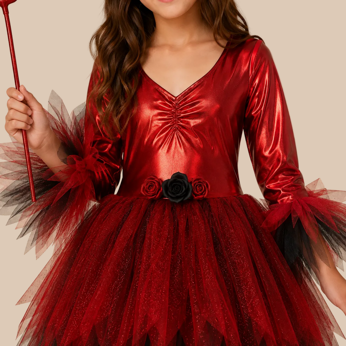 Girl’s red devil-style dress with full tulle skirt, bodice details