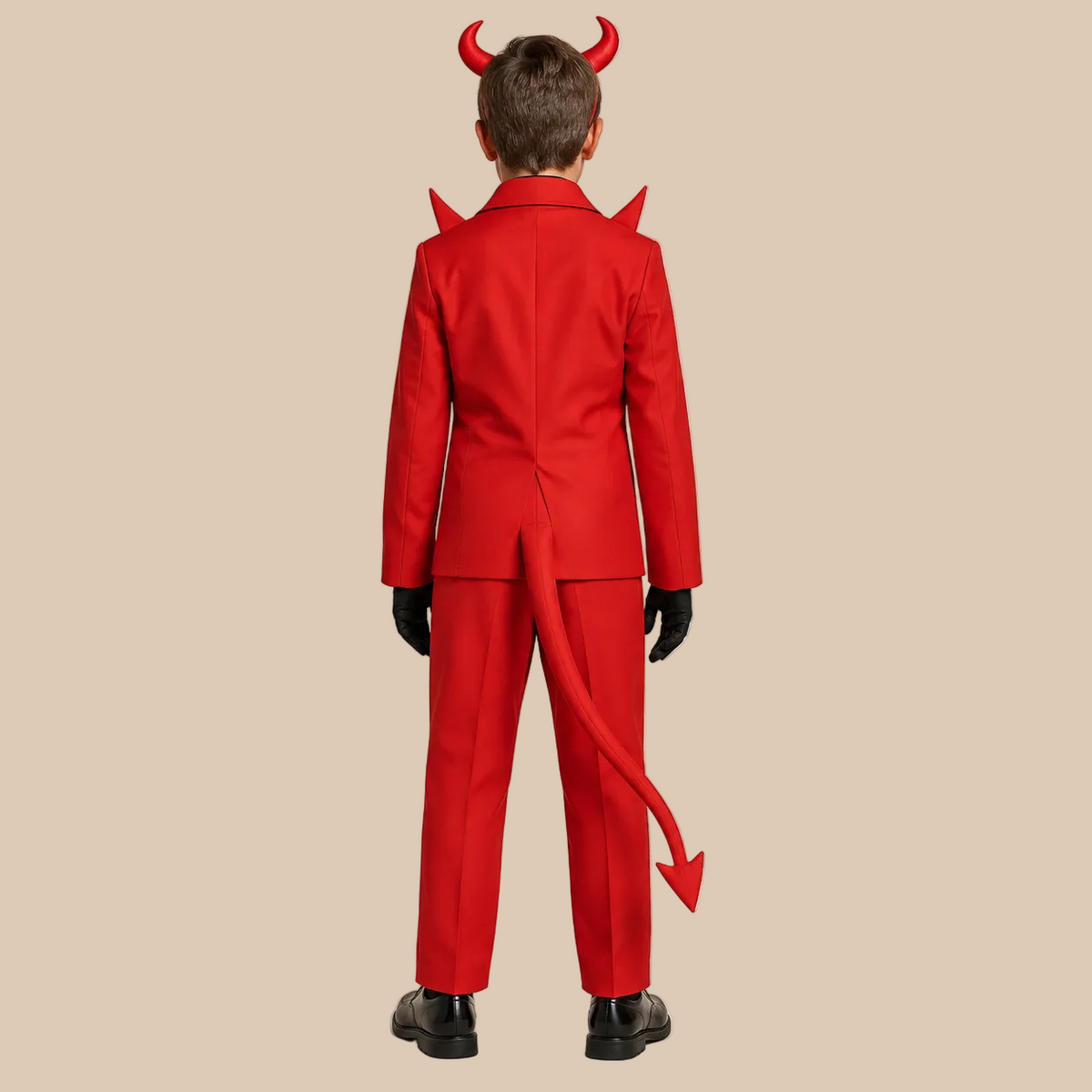 Boy’s red devil-style suit with a raised collar, back view
