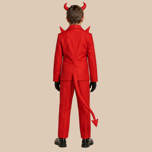 Boy’s red devil-style suit with a raised collar, back view