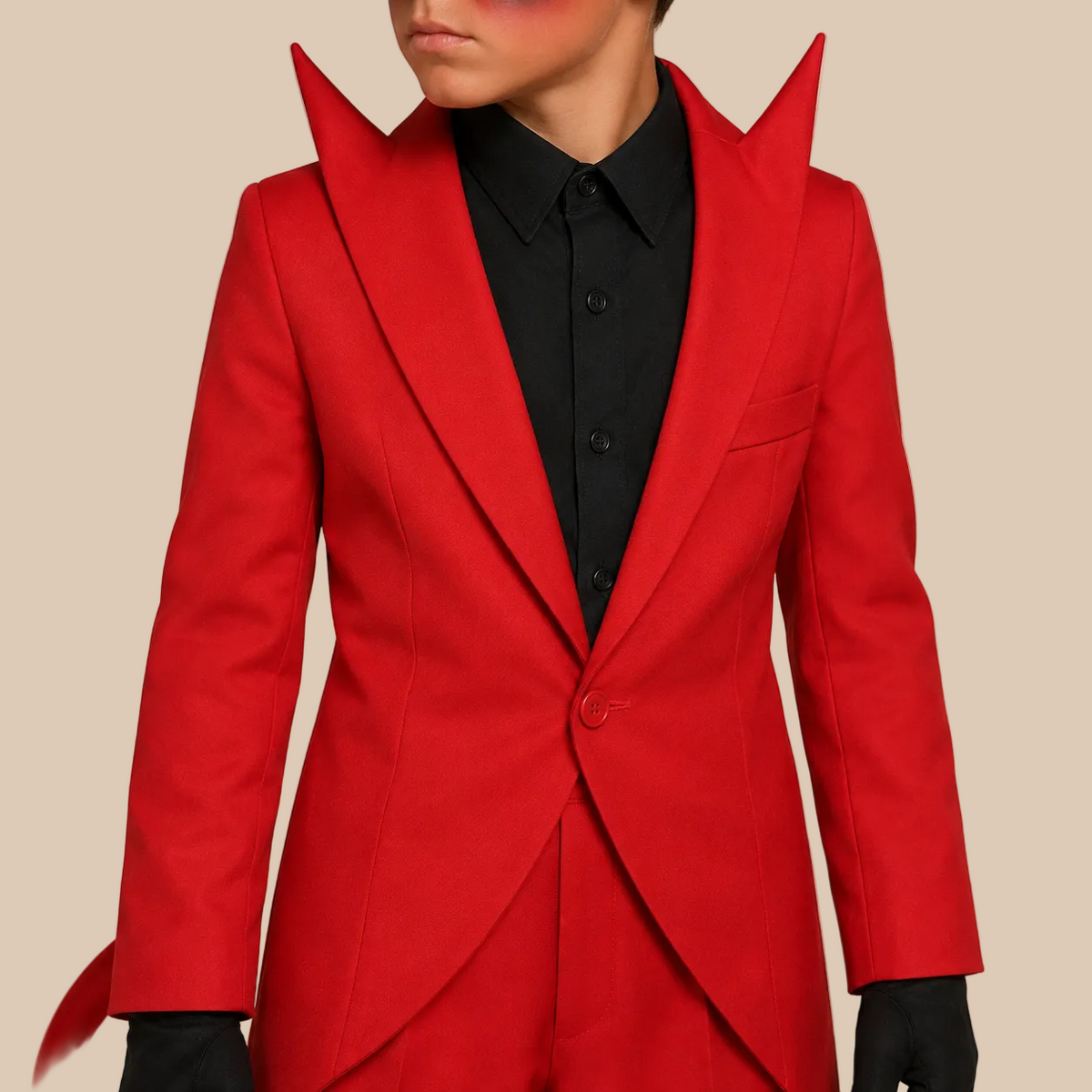 Boy’s red devil-style suit with a raised collar, neckline details