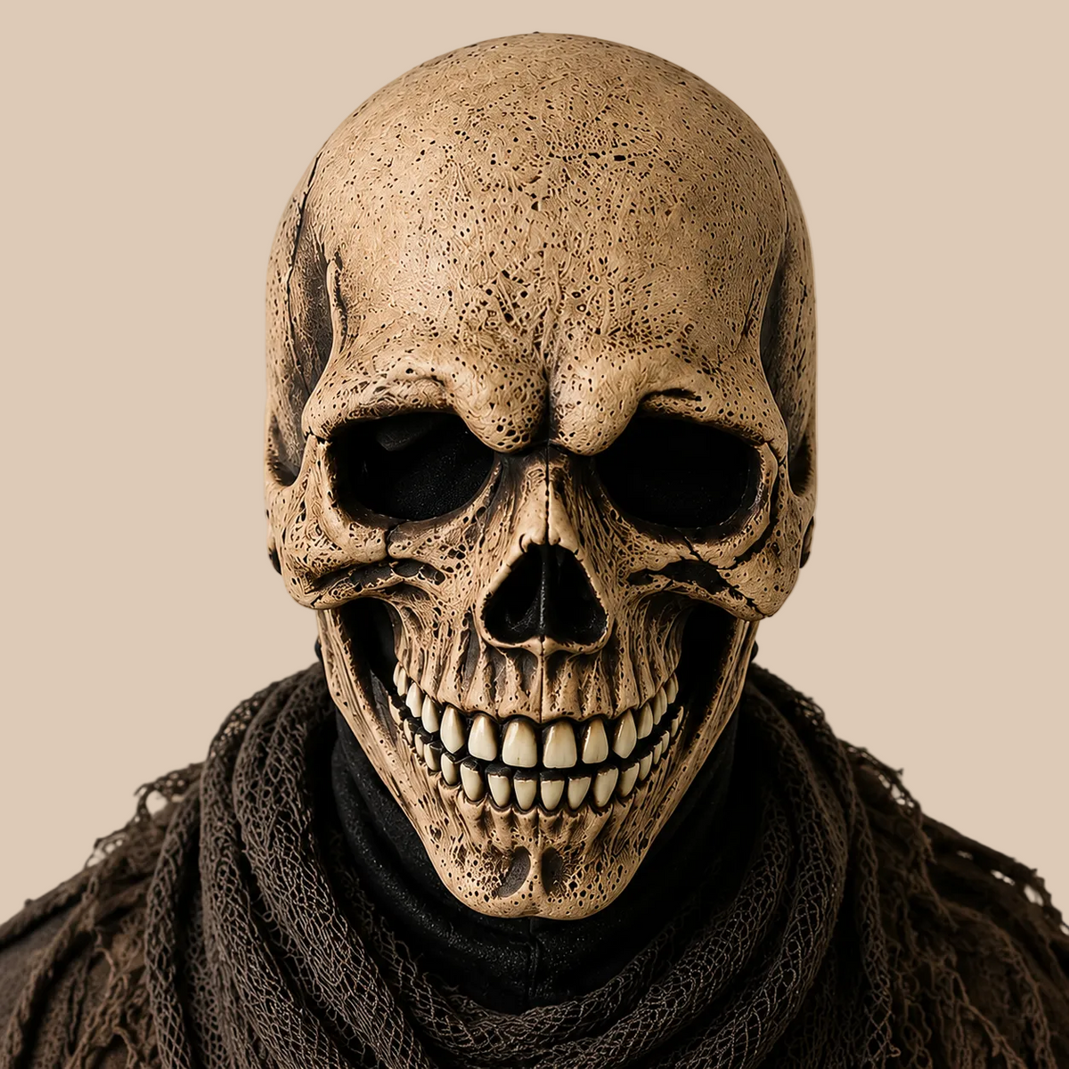 Skull horror mask with a weathered bone texture, worn on a model